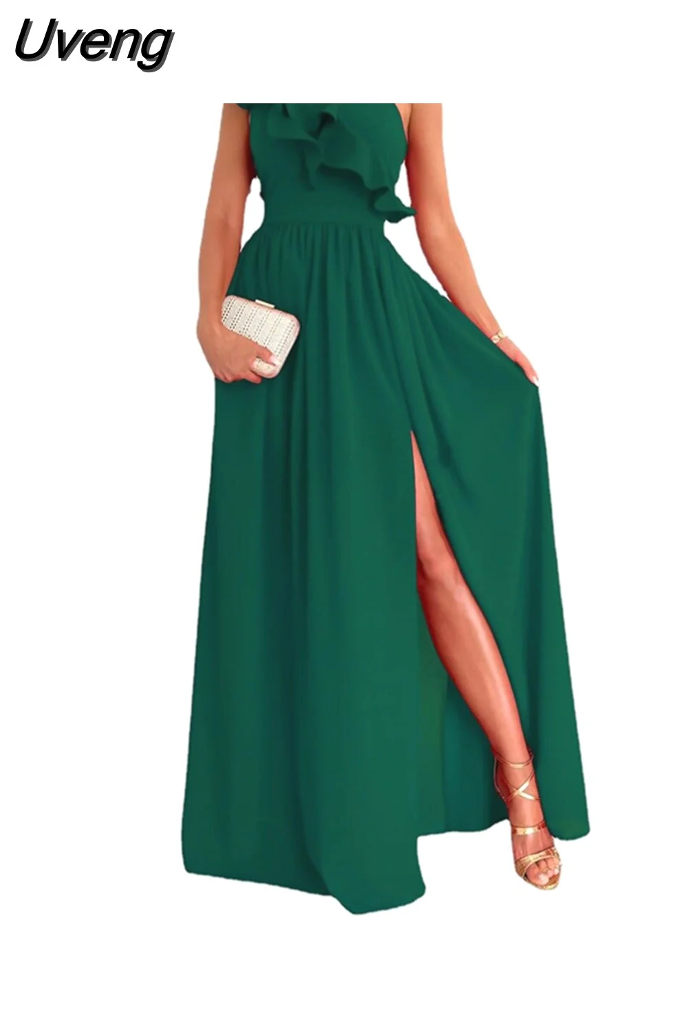 Uveng Sexy Fashion Sleeveless Off Shoulder Slash Neck Ruffles Slit Maxi Dresses Grace Waist Evening Dresse Vestidos De Fiesta 420-0