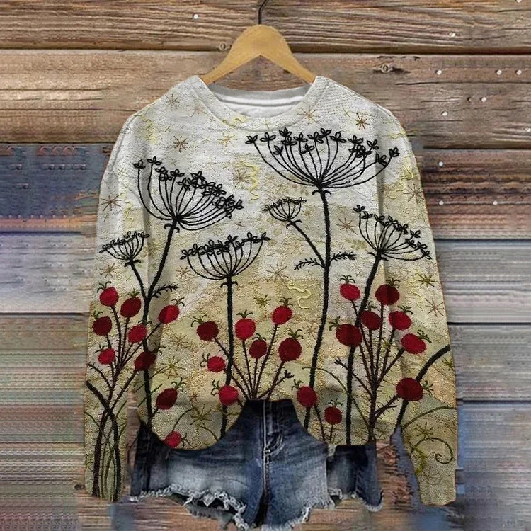 Women's Floral Embossed Print Casual Long Sleeve Sweatshirt