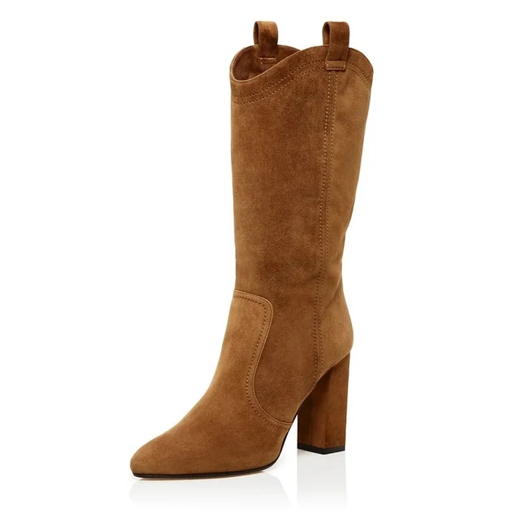 Brown Vegan Suede Western Boots Chunky Heel Mid Calf Boots |FSJ Shoes