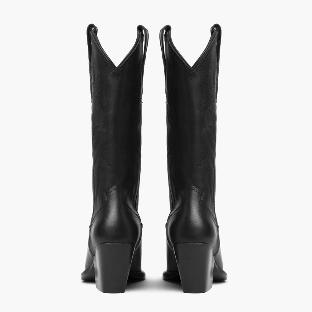 Chunky Heel Pointed Toe Pull On Western Mid Calf Boots in Black