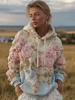 Bohemian Style Plant And Flower Embroidery Pattern Women's Hooded Sweatshirt