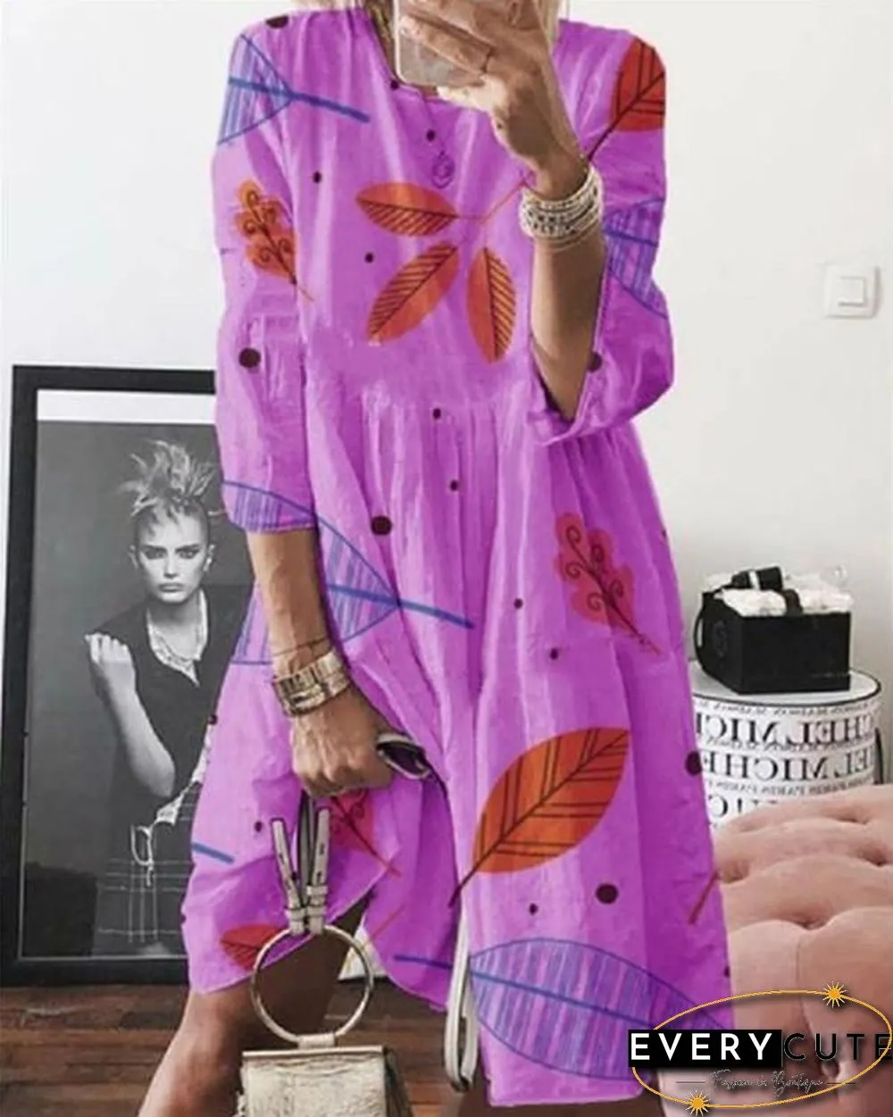 Casual Round Neck Printed Short Sleeve Midi Dress