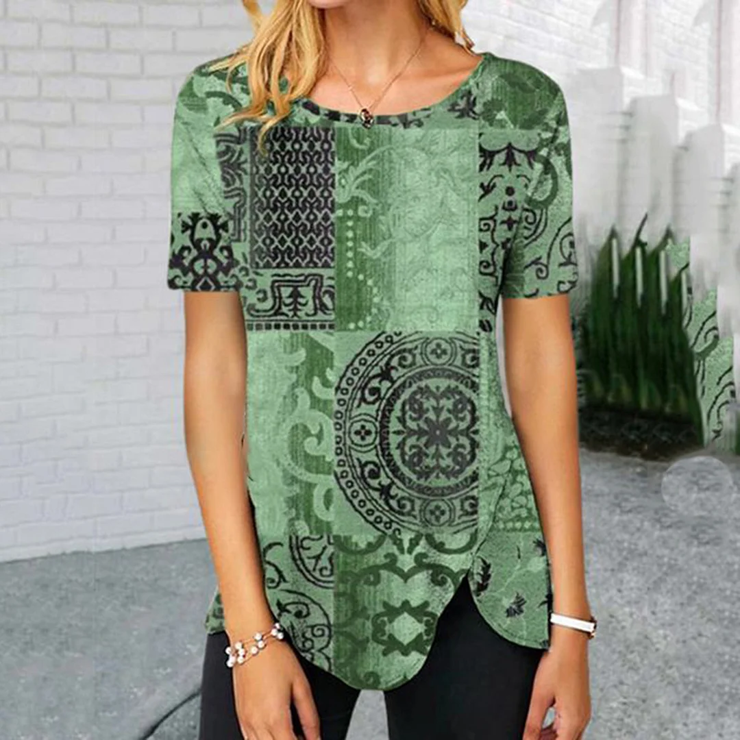 Casual Totem Print Vintage Short Sleeve Top