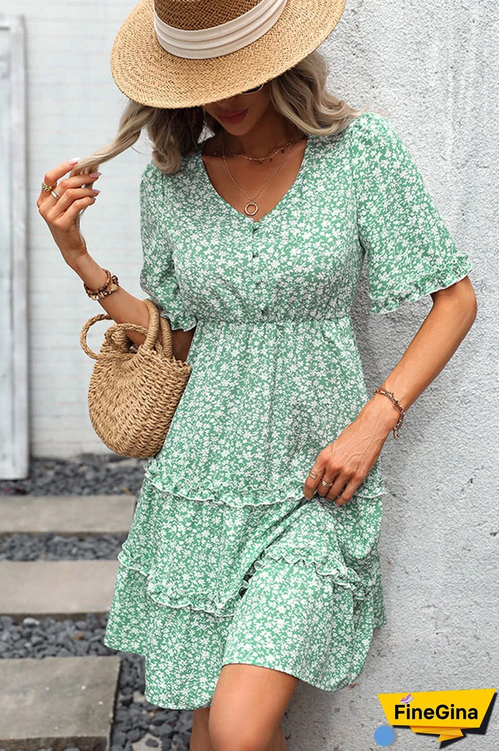 Floral Print Frill V Neck Casual Dress