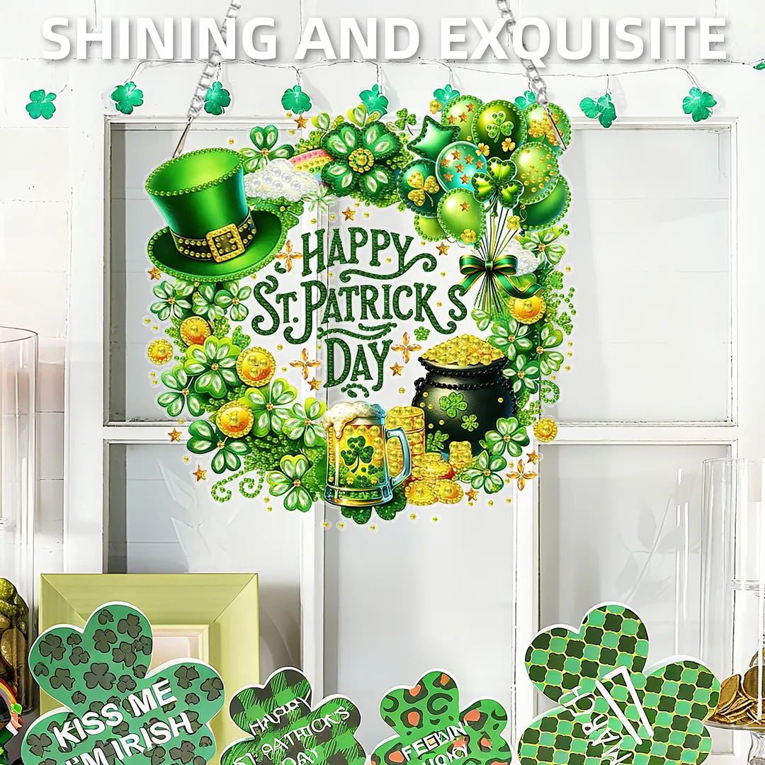 St Patricks Wreath DIY 2D Flat Acrylic Diamond Painting Kits 5D Diamond Art Painting Window Pendants for Home Garden Wall Decoration