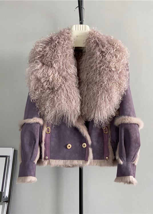 VCSHOES Purple Wool Collar Patchwork Leather And Fur Jacket Winter