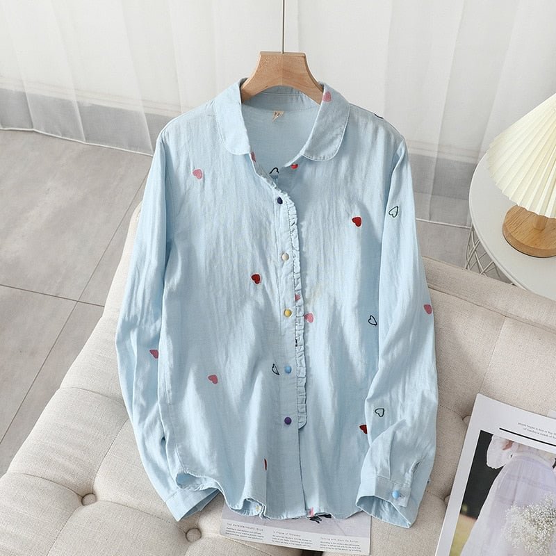 Heart Printed Shirts Women Loose Cotton Blouses Long Sleeve White Lady Tops Female Clothes College Style