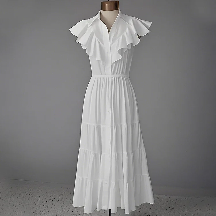 Ursime Shirt Collar Button Ruffle Sleeveless Tiered Maxi Dress