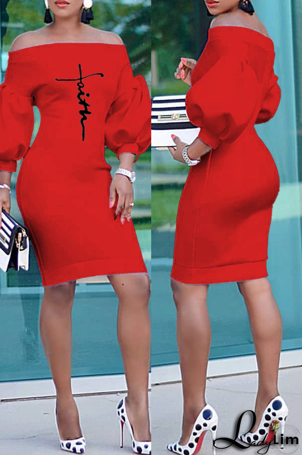 Burgundy Fashion Casual Print Basic Off the Shoulder Long Sleeve Dresses