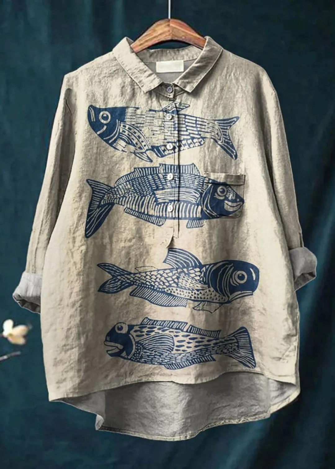Vintage Lovely Fish Art Print Casual Cotton And Linen Shirt