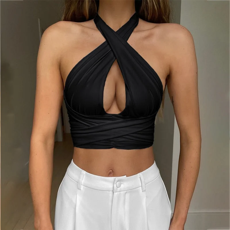 Umeko Plus Size Women Solid Sexy Halter Neck Cross Hollow Navel Vest Bottoming Chest Wrap Vest Women Night Club Party Tank Top