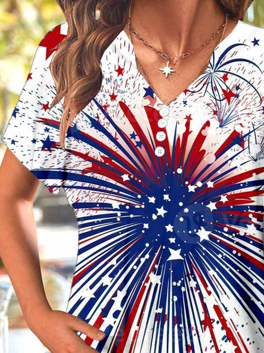 Women Short Sleeve V-neck National Flag Printed Graphic Button Tops
