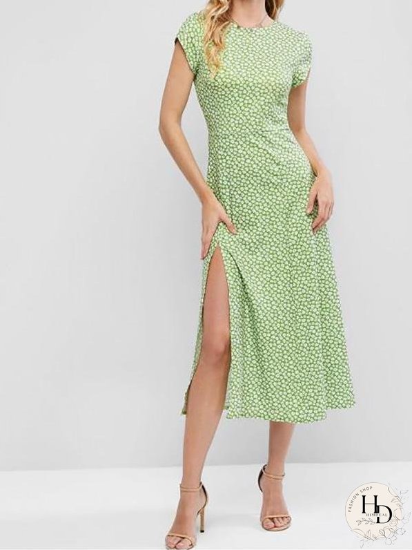 Cut Out Back Ditsy Floral Slit Midi Dress for Women