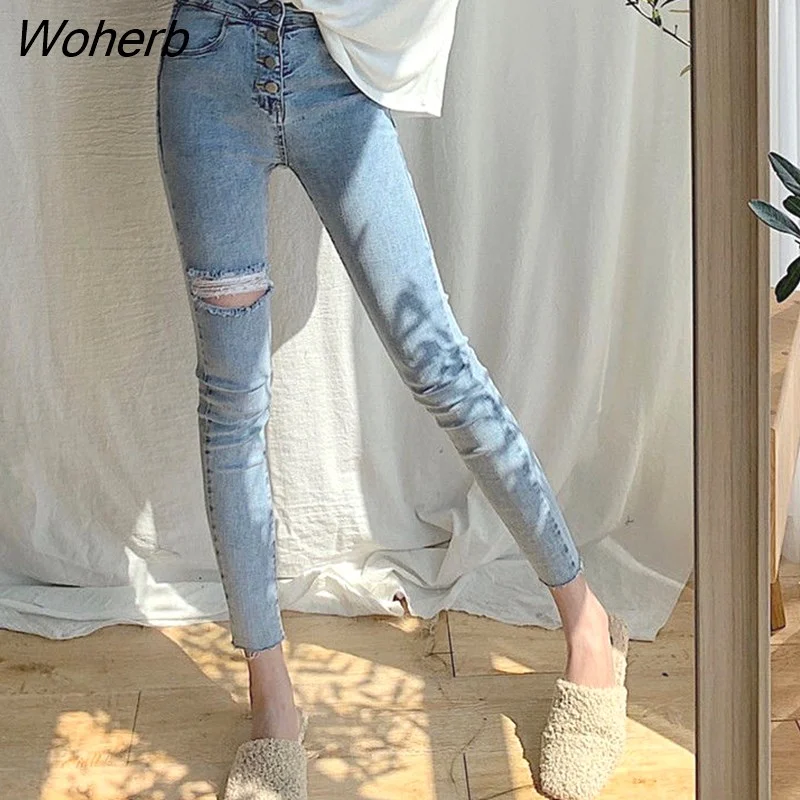 Woherb Jeans Women Holes Vintage Ripped Casual Slim Womens Pencil Trousers Sexy BF High-Street All-match Fashion High Elasticity