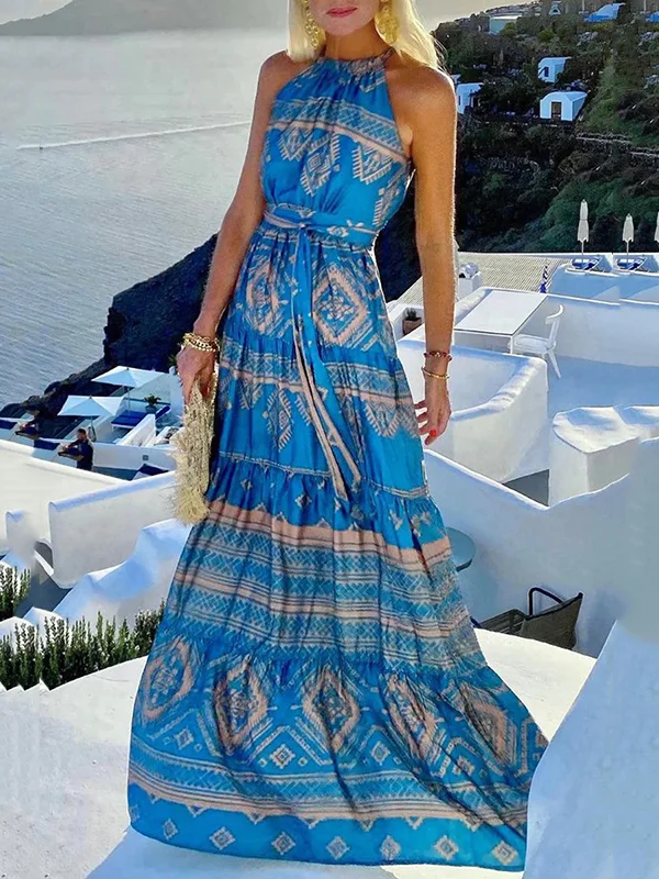 Floral Printed Loose Sleeveless Round-neck Maxi Dresses