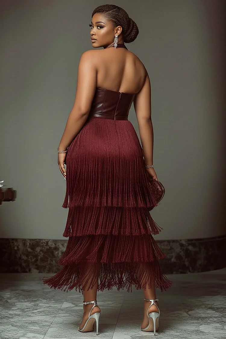 Halter PU Leather Panel Fringe Hem Party Maxi Dresses-Burgundy