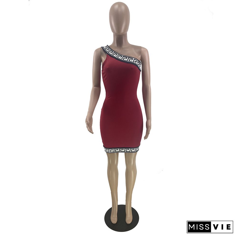 One Shoulder Sleeveless Patchwork Skinny Dress