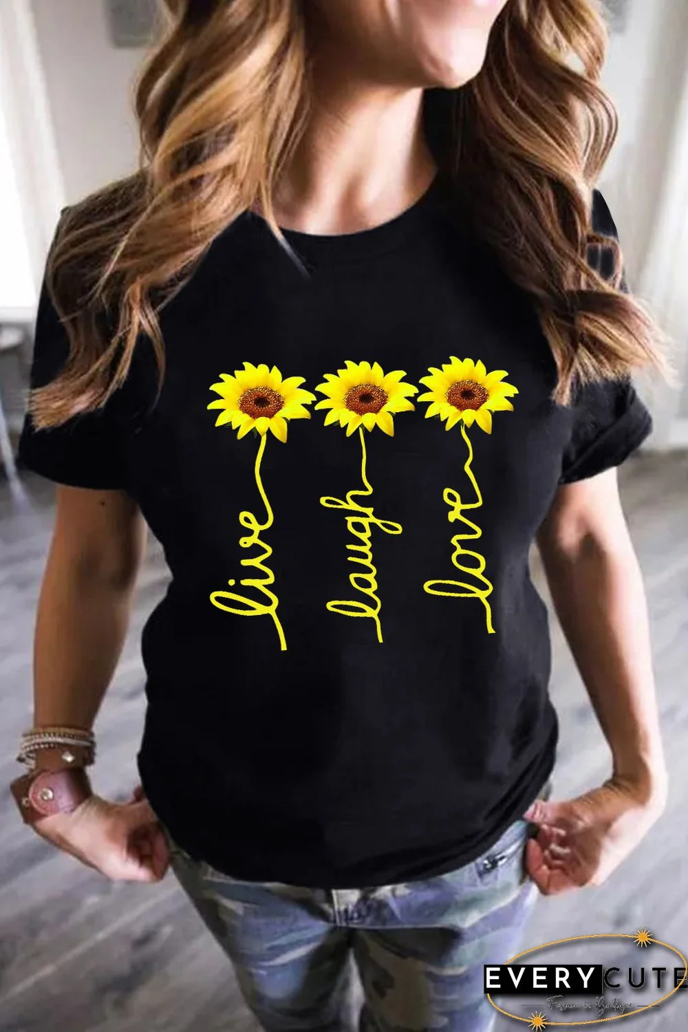 Live Laugh Love Sunflower Black T-Shirt