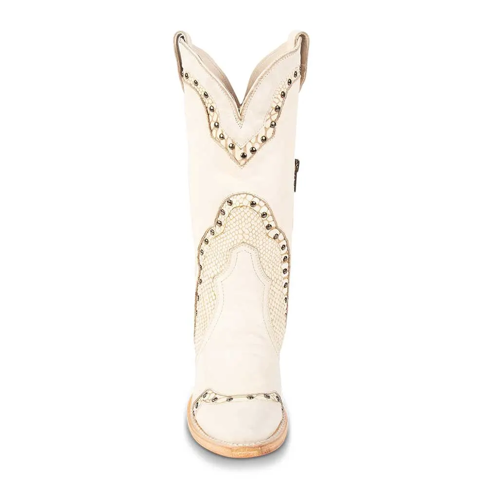 Ivory Vegan Leather Snip Toe Embroidery Inlay Studded Cowgirl Boots