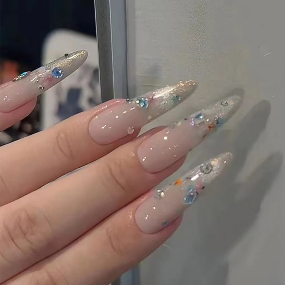 24/30PCS Spice Glitter False Nail Gilt French Flower Smudging Press on Nails Ink Painting Full Cover Fake Nail for Women Girl