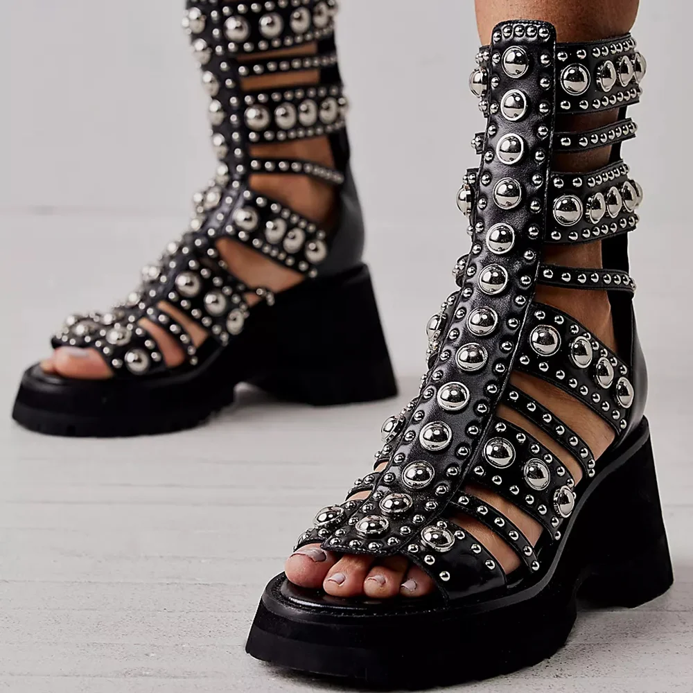 Black Round Toe Leather Gladiator Sandals With Platform Rivet Strappy Chunky Heel  Nicepairs