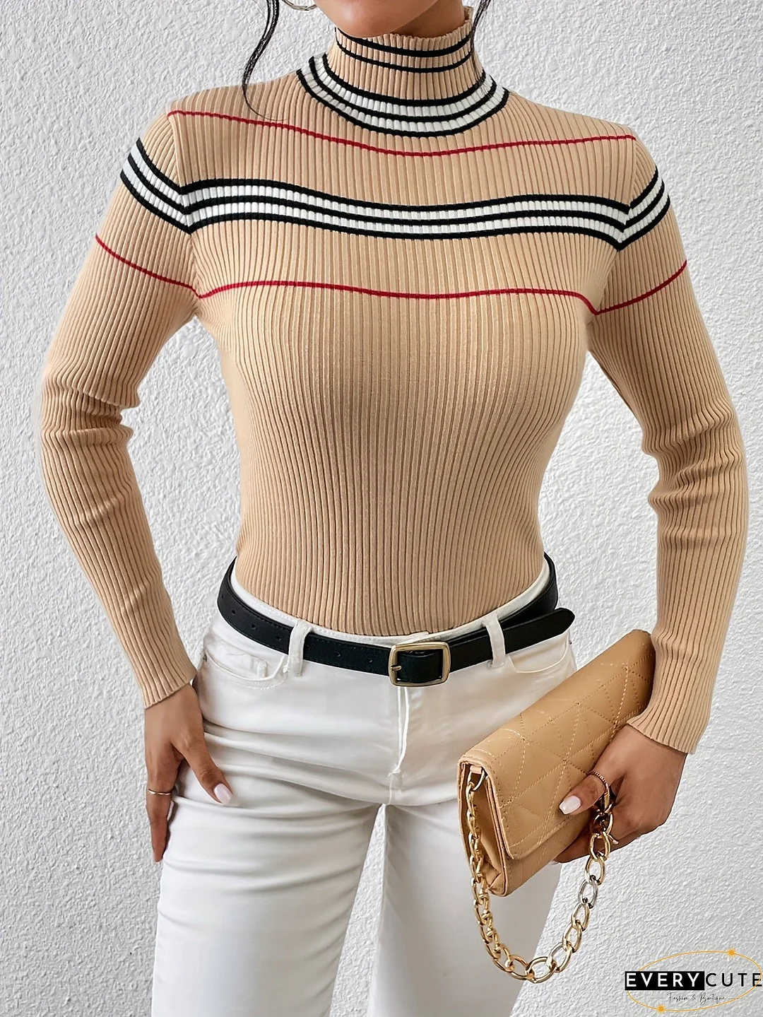 Striped Turtle Neck Pullover Sweater, Casual Long Sleeve Slim Sweater For Fall & Winter, Women's Clothing