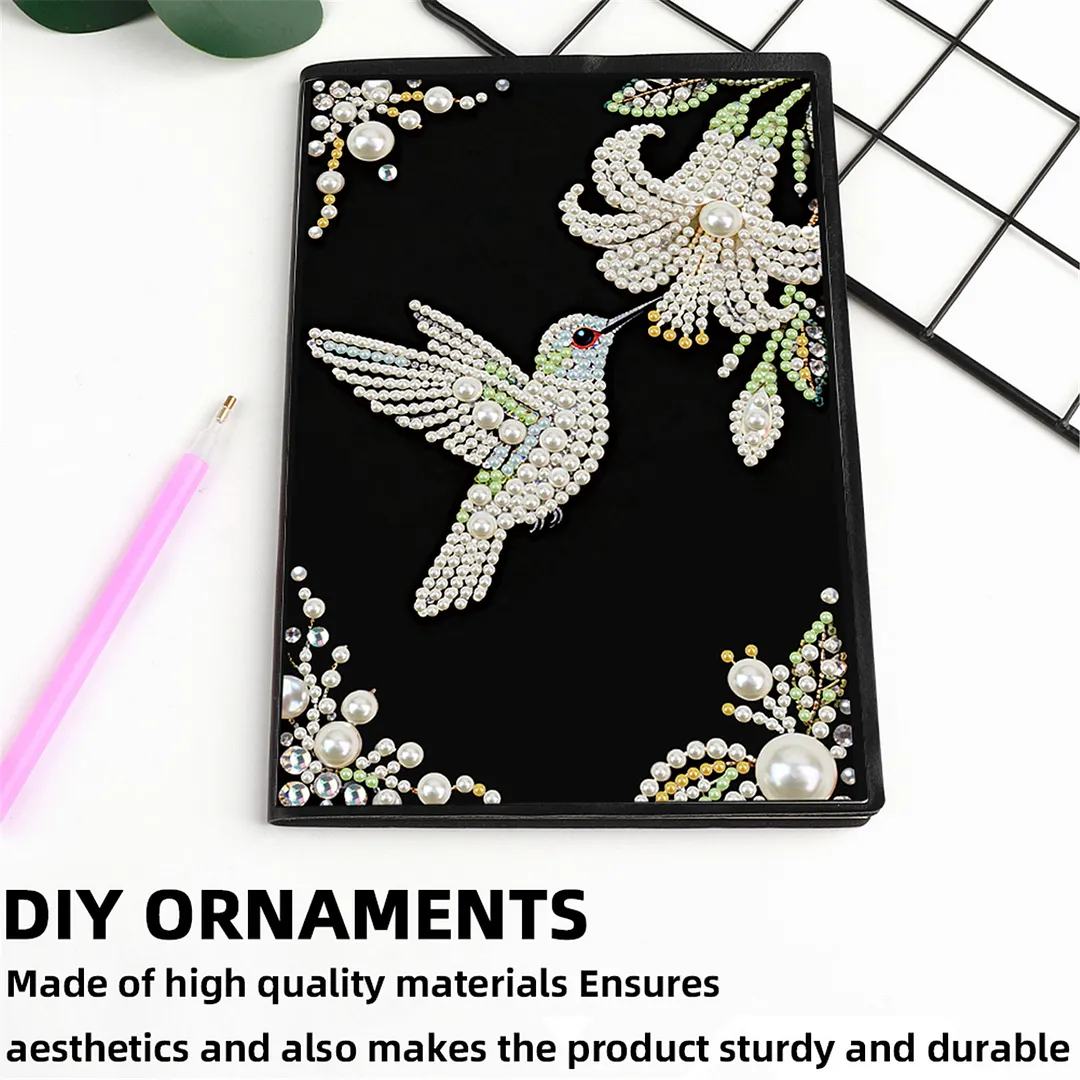 Flowers and Hummingbirds Partial Pearl DIY 50 Pages A5 Diamond Painting Notebook Special Shaped Diamond Art Diary Book Kits Wireless Strip 5D Crystal Art Paintings Sketchbook for Art Drawing