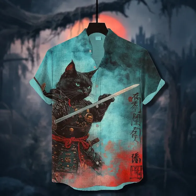 Men's Retro Japanese Warrior Black Cat And Calligraphy Pattern Casual Shirt
