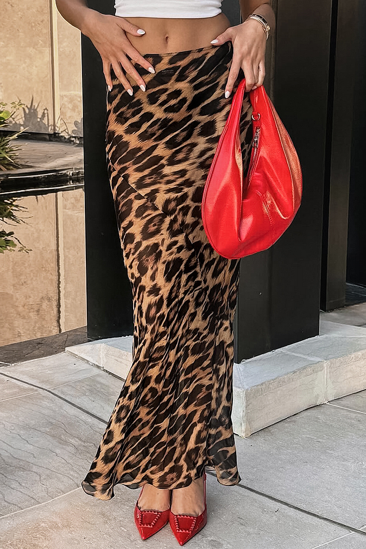 Leopard Print Slim Fit Low-Rise Fishtail Hem Maxi Skirt-Brown