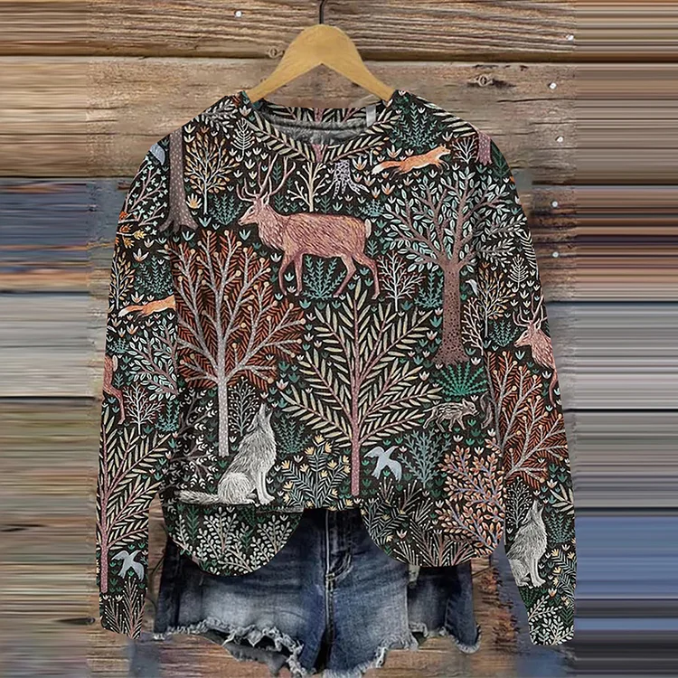 🔥kukelife🔥Women's Forest Animal Art Printed Casual Sweatshirt