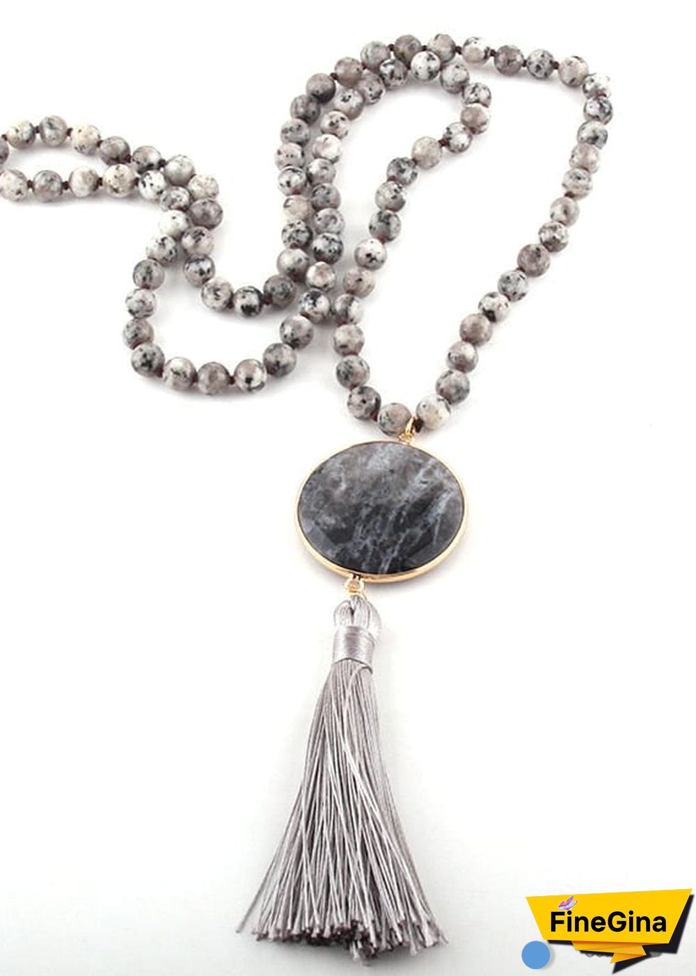 Boho Necklace, RH Amazonite Jasper, Circle Tassel Green White Natural Stone