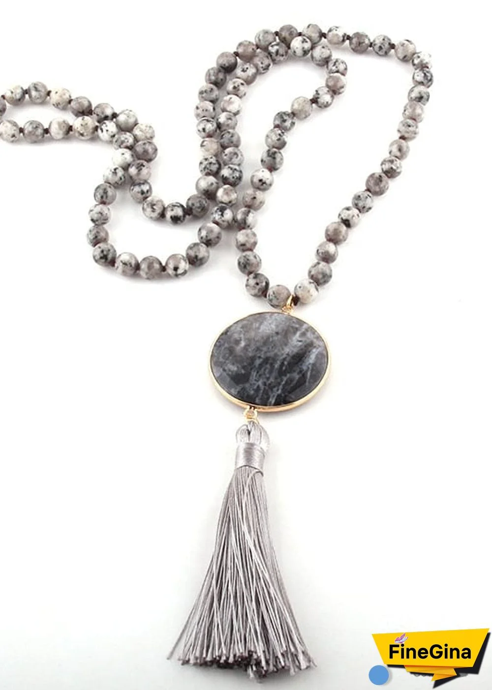 Boho Necklace, RH Amazonite Jasper, Circle Tassel Green White Natural Stone