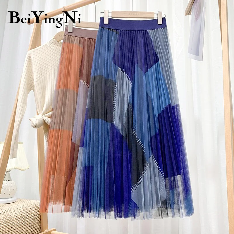 Beiyingni Spell Color Mesh Skirts for Woman Fashion High Quality Lining Korean Vintage Beautiful Midi Pleated Tutu Tulle Skirt
