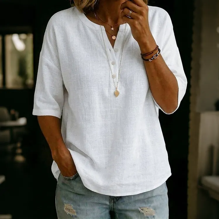 Women's Solid Color Button-up Cotton Linen Top