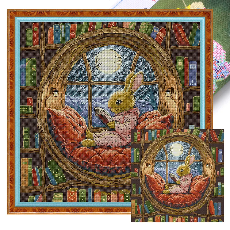 【Joy Sunday Brand】Bunny in the Library 36*36cm 14CT Stamped Canvas Cross Stitch gbfke