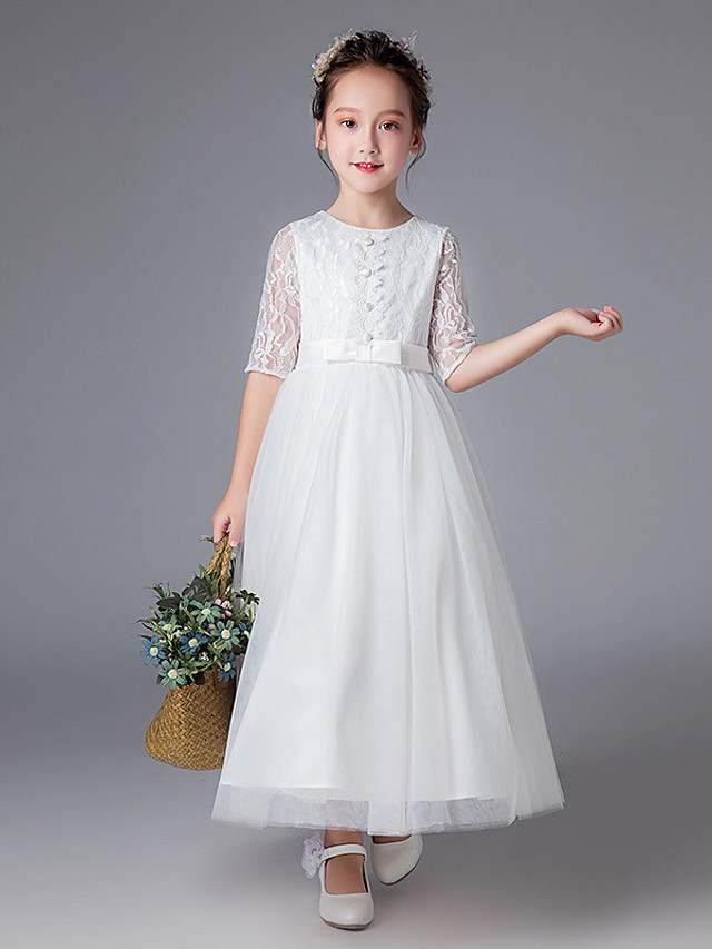 Bellasprom Princess Half Sleeve Jewel Neck Ankle Length Flower Girl Dresses With Lace Bellasprom