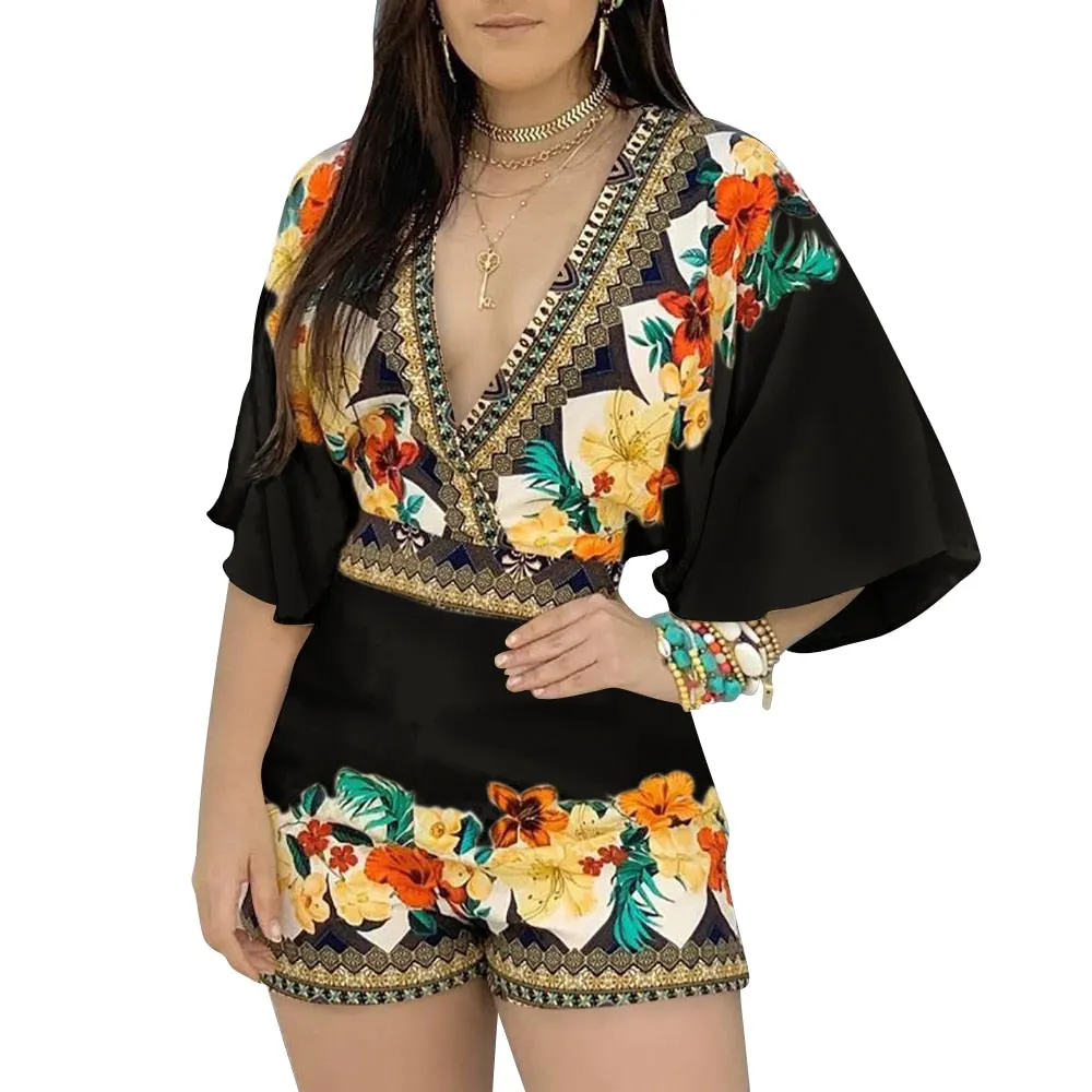Women's Jumpsuit Casual Summer Floral Printed Playsuit 2021 Women Rompers 3/4 Sleeve Backless loose Playsuit Women Clothes D30