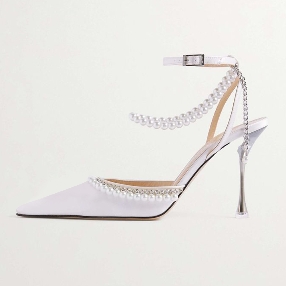 White Pearl Chain Pointed Toe 4'' Flared Heel Slingback for Wedding Nicepairs