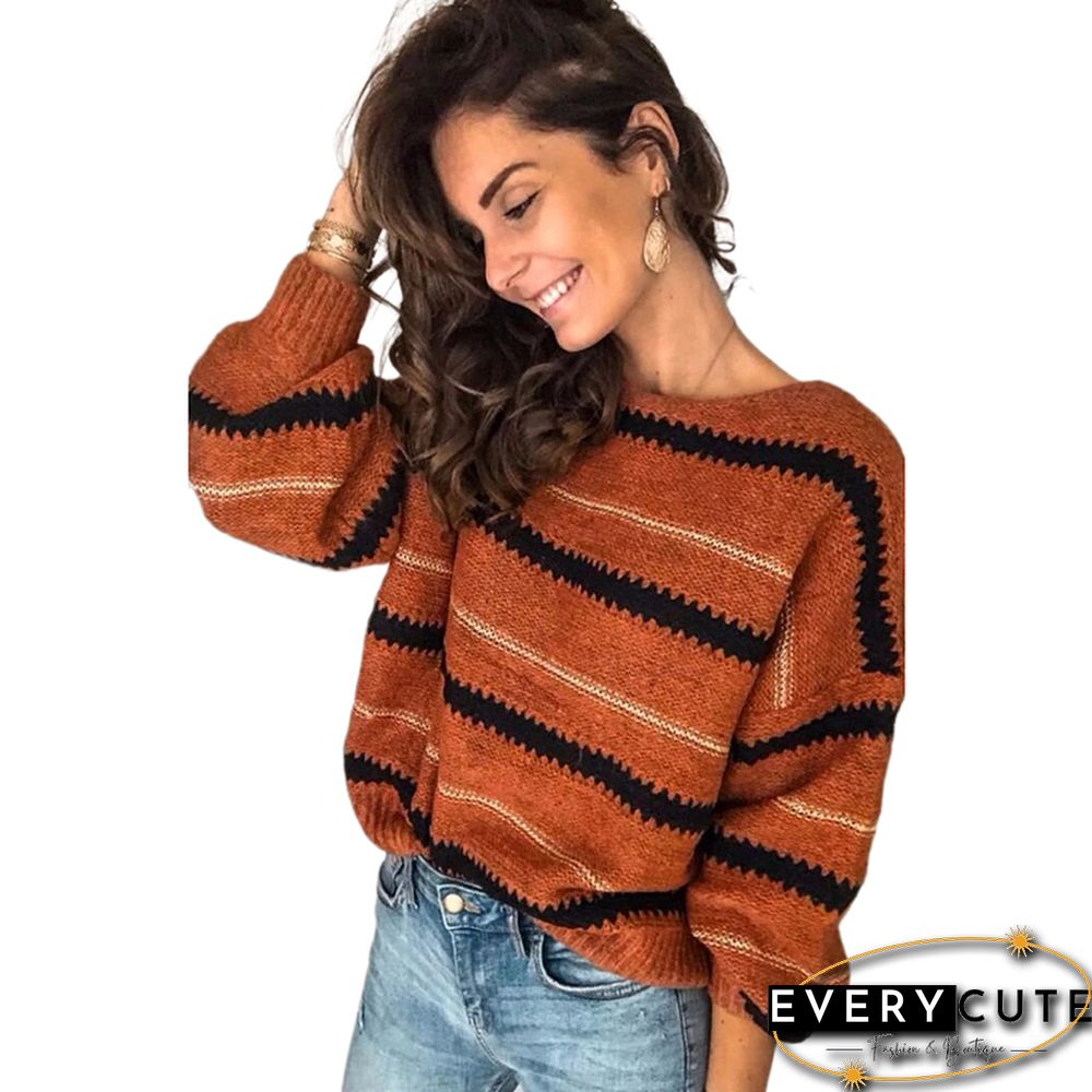 Orange Striped Knitted Pullover Sweater