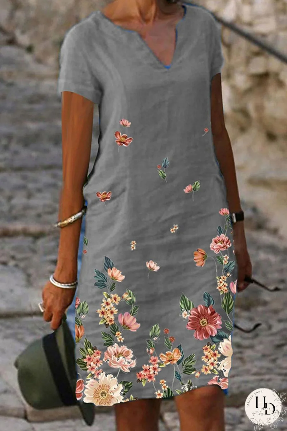 Grey Casual Print Patchwork V Neck Straight Dresses