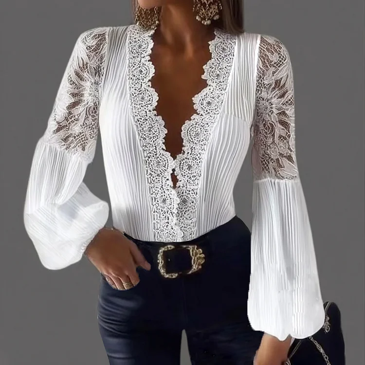 Ursime Elegant Lace Deep V Neck Lantern Sleeve Pleated Blouse