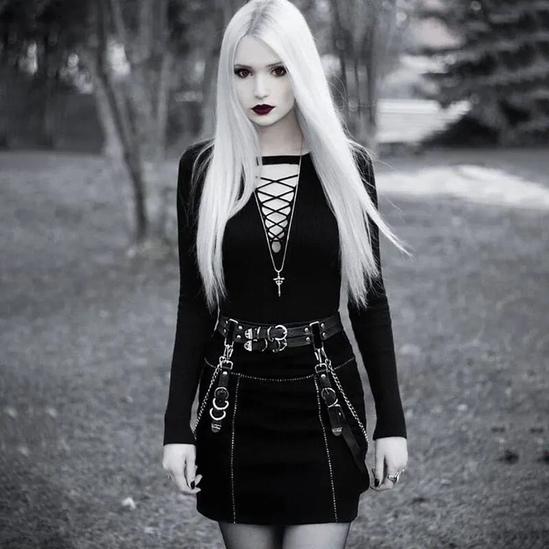 Gothic Punk Faux Leather Belt Metal Chain Ring Waist Strap Street Dance Decor Rock Hip Hop Ring Chain Belt 2019 Fashion New