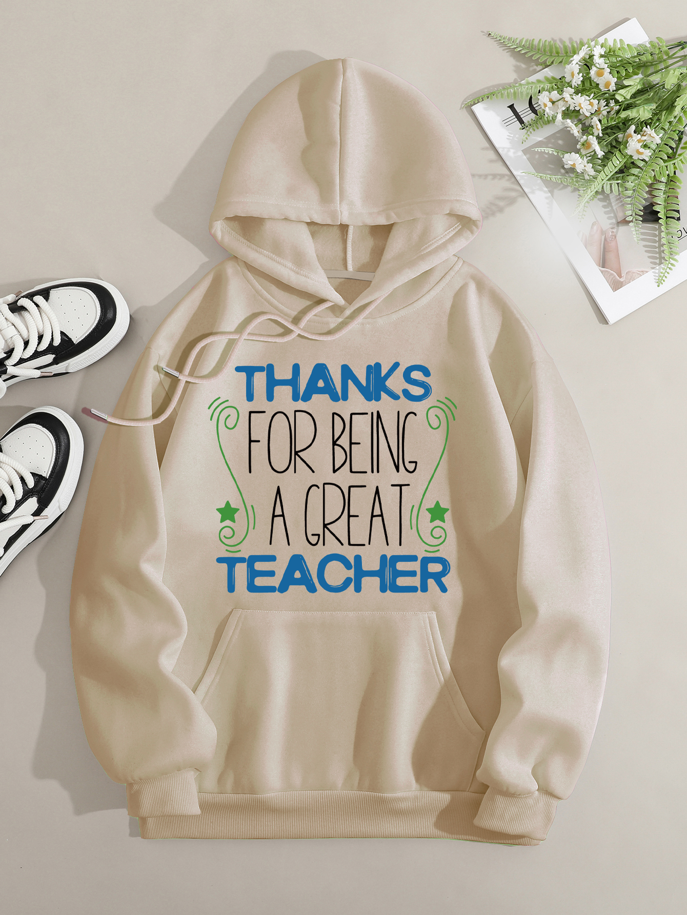 Printed on front Kangaroo Pocket Hoodie Long Sleeve for Women Pattern Thank you teacher