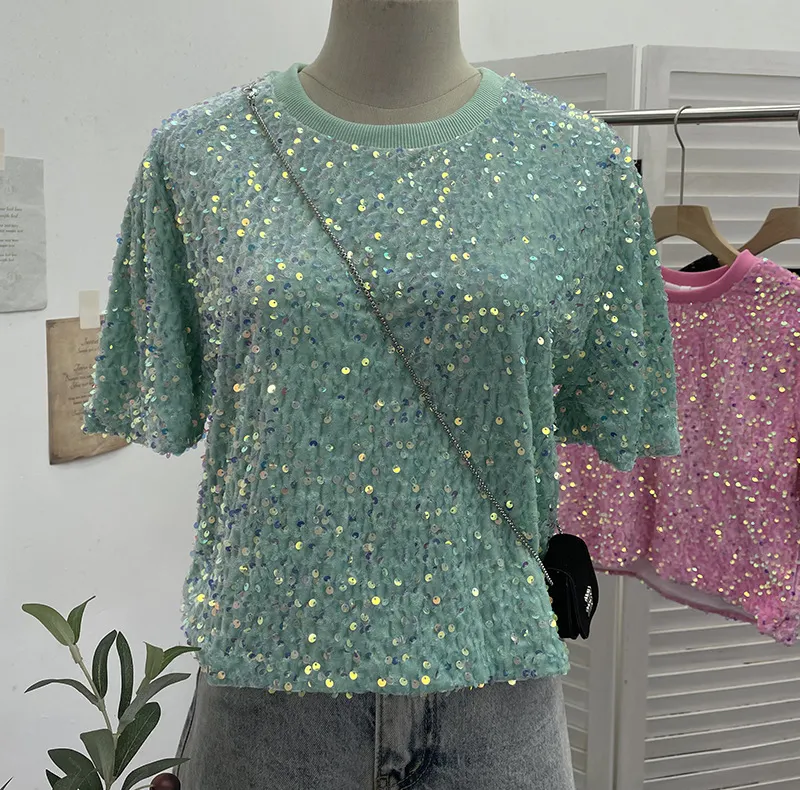 Nigikala Nigikala Sequin Short Sleeve T-Shirt 2025 Spring And Summer Korean Version Of Loose Night Club Bling Top 9088