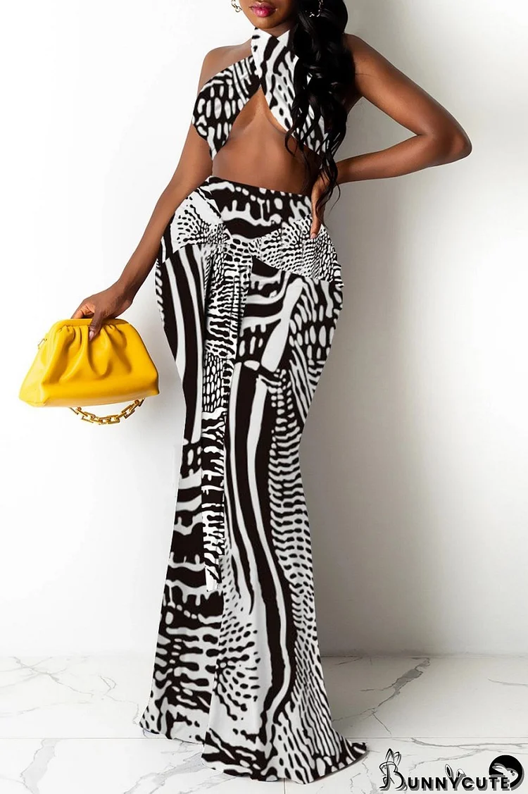 Black Sexy Print Bandage Backless Halter Sleeveless Two Pieces