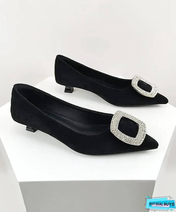 Stylish Zircon Splicing Black Suede Kitten Heel