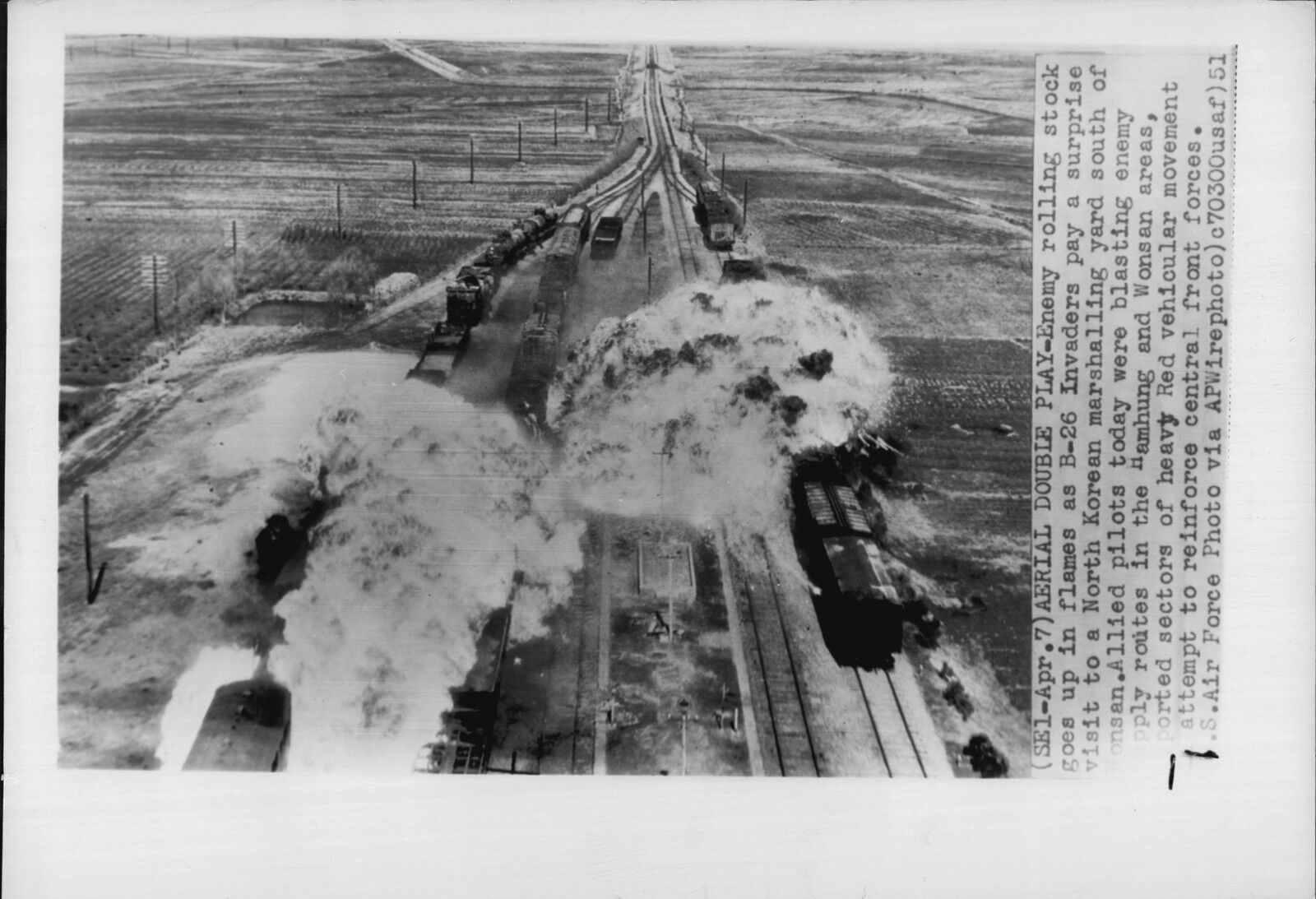 US Air Force Attack Trains Near Wonson in Korea War Press Photo Poster painting