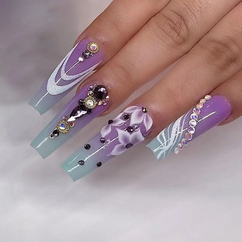 Churchf Churchf Ballet Purple Gradient Flower Flower Nail Drill Model Sun Flower Fake Nail Finished Wear A Nails