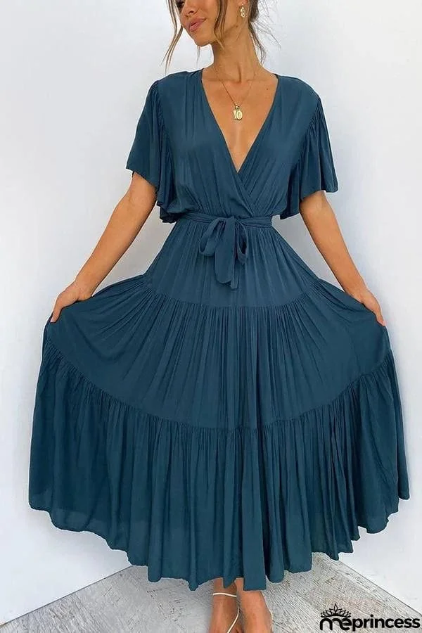 Elegant Flared Sleeve Tie Midi Dress