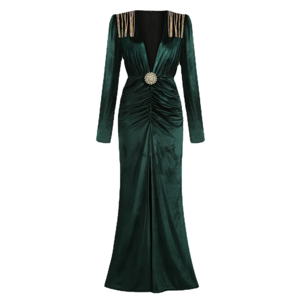 Brownm Autumn Women's Sexy Deep V-Neck Velvet Dress Dress French High-End Temperament Dress Dress Woman
